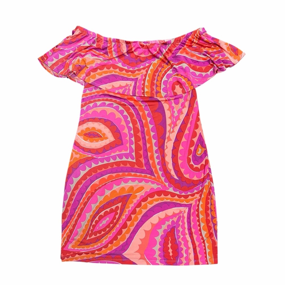 Trina Turk Pink Orange Psychedelic Paisley Off Shoulder Mini Dress TT165513 S